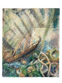 Vintage French Seaside Coastal Sea Boat Seaside Acrylic Painting On Canvas Wall Decor circa 1960-70's
