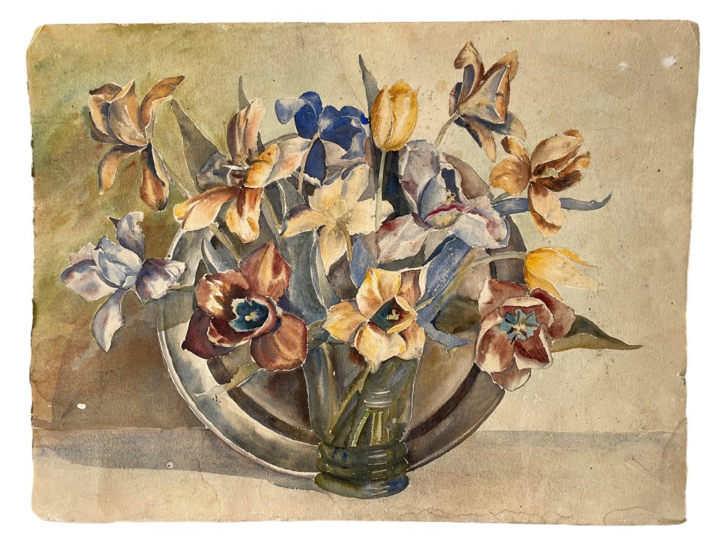 Vintage French Tulips In Vase Still Life Gouache Water Colour Painting On Thick Paper Wall Decor circa 1930’s