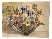 Vintage French Tulips In Vase Still Life Gouache Water Colour Painting On Thick Paper Wall Decor circa 1930's