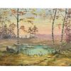 Vintage French Spring Pond Waterway Trees Woodland Oil Painting On Canvas Signed circa 1950-60's