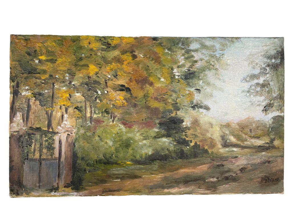 Vintage French Path To Gate Driveway Lane Road Trees Woodland Oil Painting On Canvas Signed circa 1991