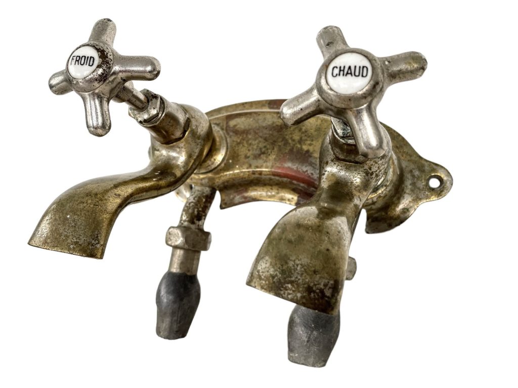 Vintage French Metal Kitchen Sink Bathroom Hot Cold Froid Chaud Faucet Water Tap Plumbing Taps Wall Mounted c1950s