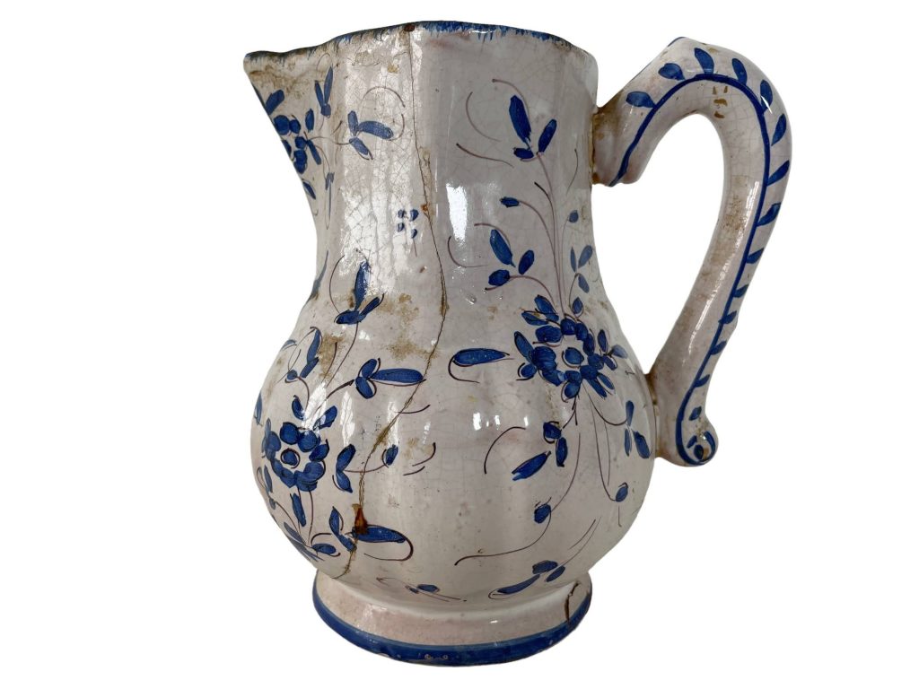 Antique French Faience Blue And White Handled Clay Pottery Pot Vase Jug Pitcher Container Storage Display Prop DAMAGED circa 1820’s