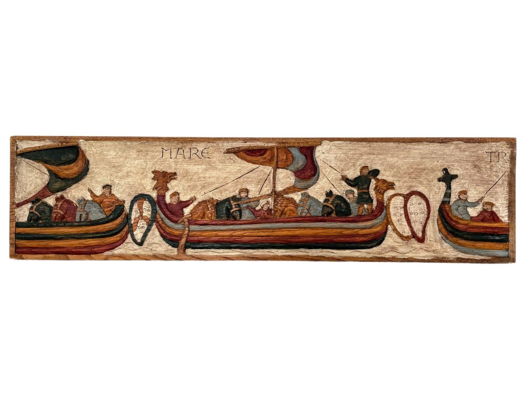 Vintage French Bayeux Tapestry Reproduction Of Boat Scene Sailing For France England Painted Wooden Carving circa 1970-80’s