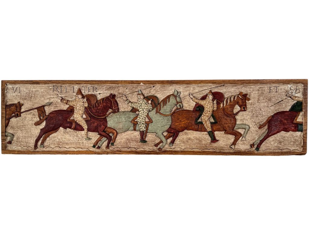 Vintage French Bayeux Tapestry Reproduction Of Battle Scene England Painted Wooden Carving circa 1970-80’s