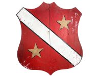 Vintage French Flagpole Shield Basque Family Crest Wooden Brown Wood Wall Mounted Display Trophy Plaque Prop circa 1960-70's