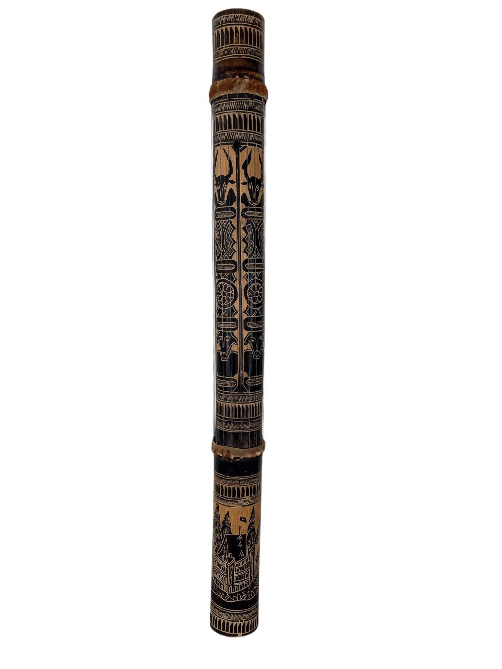 Vintage African Bamboo Stringed Musical Instrument Wooden Hide Skin Metal Decor Carved Carving Sculpture Tribal Art c1980-90’s