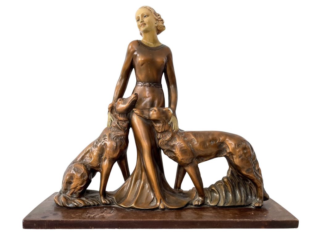 Vintage French Large Plaster Ornament Figurine Lady With Dogs Hounds Display Gift Faded Weathered c1920-30's
