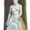 Vintage French Berhet In The Style Bernard Bouffet Nude Portrait Painting Of French Lady Acrylic Glued on Canvas 1968