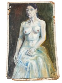 Vintage French Berhet In The Style Bernard Bouffet Nude Portrait Painting Of French Lady Acrylic Glued on Canvas 1968 3