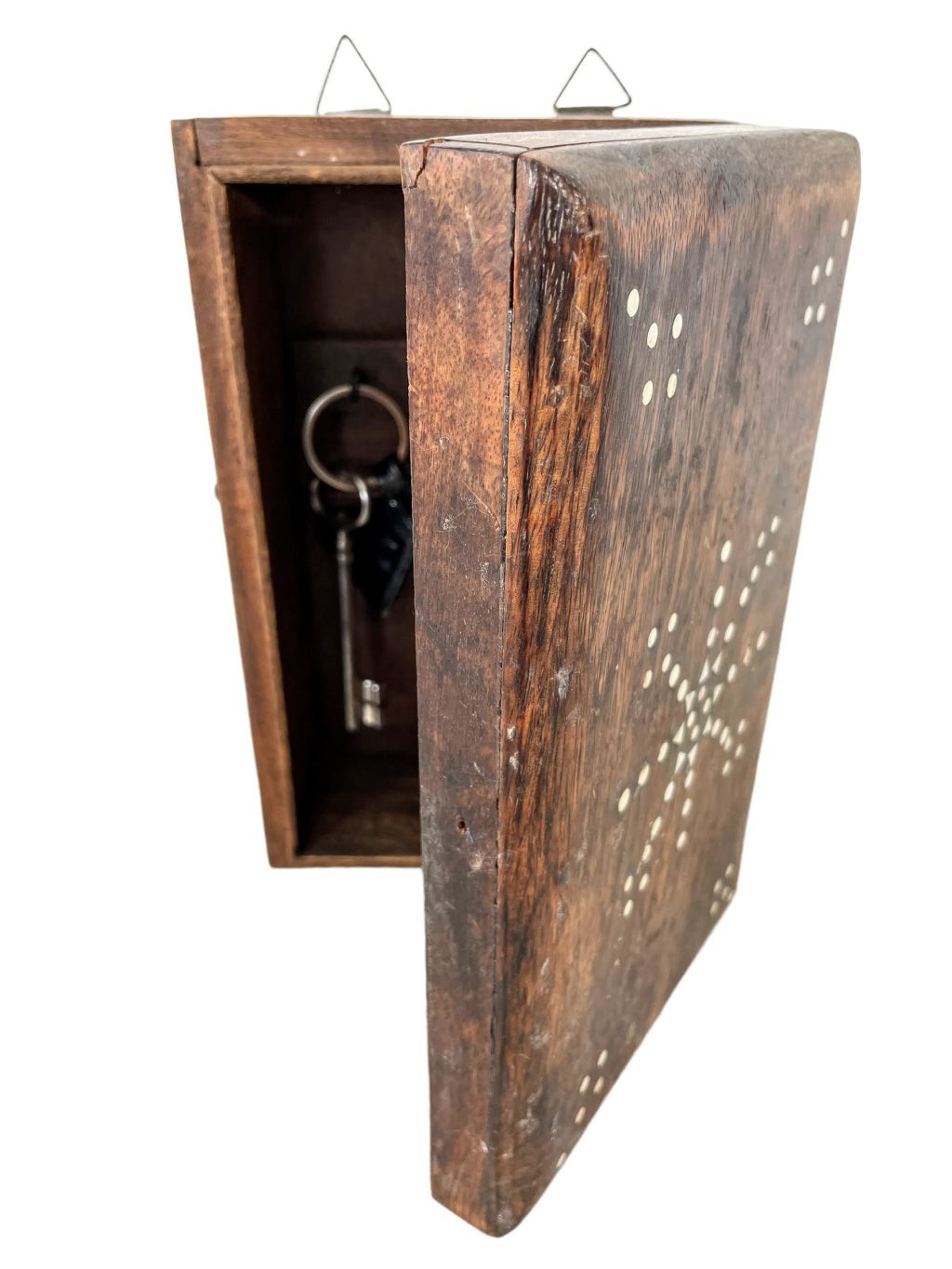 Vintage Moroccan Inlaid Bone Wooden Key Cabinet Wall Hanging Storage Box circa 1960-70's