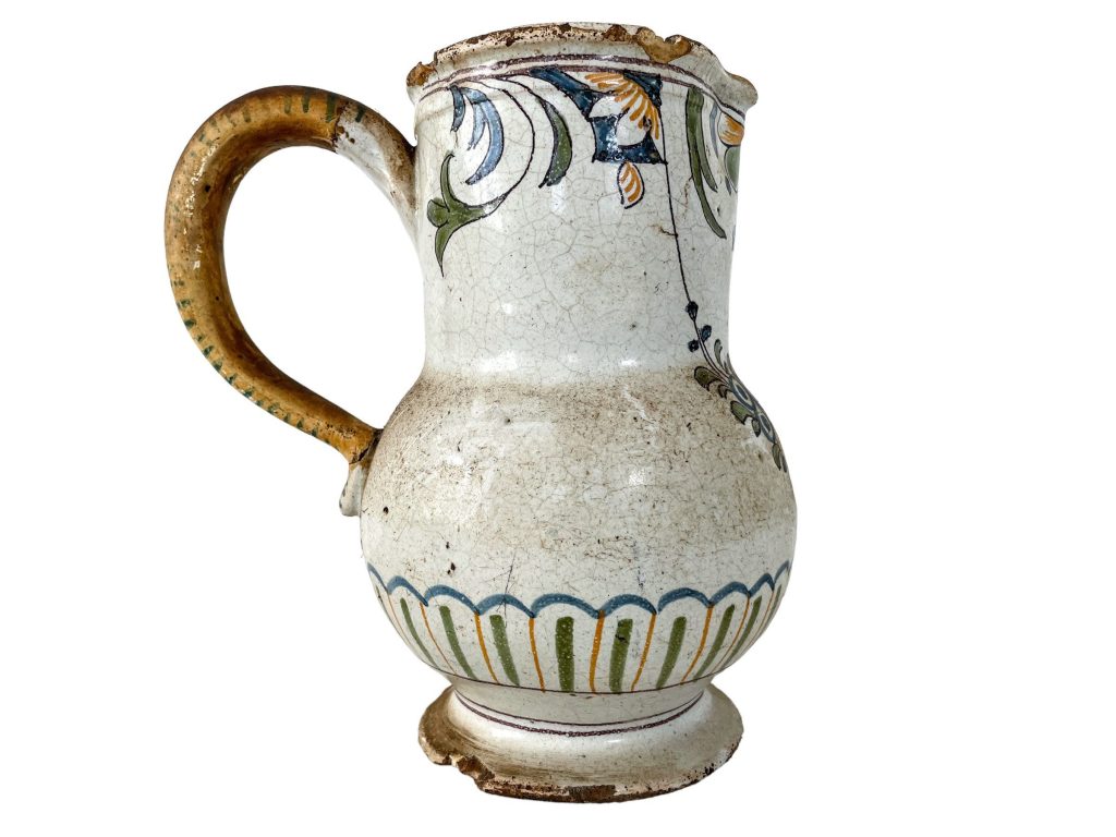 Antique French Faience Handled Clay Pottery Pot Vase Jug Pitcher Container Storage Display Prop White Flowers DAMAGED circa 1820’s