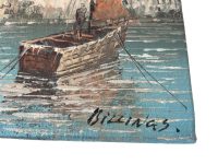 Alternative view of Vintage French Coastal Town Harbour Sailing Boat Dinghy Oil Painting On Canvas Wall Hanging Picture c1970-80's