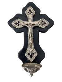 Antique French Silver Metal Wood Crucifix Blessing Font Jesus Catholic Church Chapel Cross Religious Symbol Chippy Scarred c1900’s 2