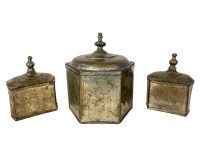 Alternative view of Antique Indian Metal Tin Brass Caddie Bin Lidded Storage Pot Container Decor Traditional Set Collection circa 1910's / EVE