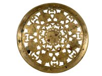 Alternative view of Antique French Brass Metal Circular Trivet Plate Tray Dish Bowl Platter On Wheels Decorative Table Top c1910's