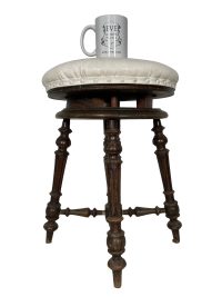 Alternative view of Vintage French Stool Adjustable Wooden Padded Cushioned White Vinyl Piano Seat Rest Support Wood Chair Seat c1920-30's