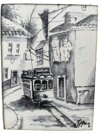Vintage Portugese Small Bordered Watercolour Paintings Of Lisbon Tram Black And White Signed Wall Decor c2000’s 4