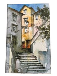 Vintage Portugese Small Bordered Watercolour Paintings Of Lisbon Street Staircase Colour Signed Wall Decor c2000’s 4
