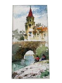Vintage Portugese Small Bordered Watercolour Paintings Of Lisbon Bridge River Landmark Colour Signed Wall Decor c2000’s 2