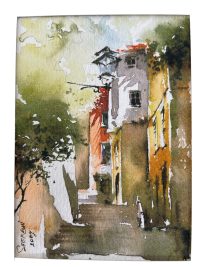 Vintage Portugese Small Bordered Watercolour Paintings Of Lisbon Staircase Steps Street Landmark Colour Signed Wall Decor c2000’s 4