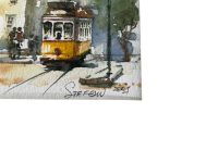Alternative view of Vintage Portugese Small Bordered Watercolour Paintings Of Lisbon Tram Street Landmark Colour Signed Wall Decor c2000's