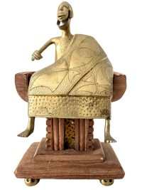 Vintage African Brass Metal Chief Statue On Traditional African Stool Figurine Primitive Sculpture Africa Tribal Art c1970-80’s 2