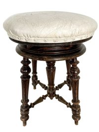 Vintage French Stool Adjustable Wooden Padded Cushioned White Vinyl Piano Seat Rest Support Wood Chair Seat c1920-30's