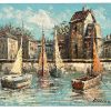 Vintage French Coastal Town Harbour Sailing Boat Dinghy Oil Painting On Canvas Wall Hanging Picture c1970-80's
