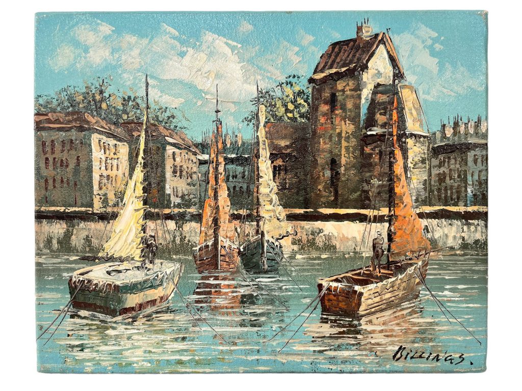 Vintage French Coastal Town Harbour Sailing Boat Dinghy Oil Painting On Canvas Wall Hanging Picture c1970-80’s