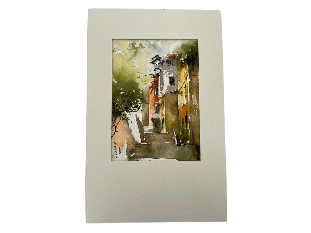 Vintage Portugese Small Bordered Watercolour Paintings Of Lisbon Staircase Steps Street Landmark Colour Signed Wall Decor c2000’s