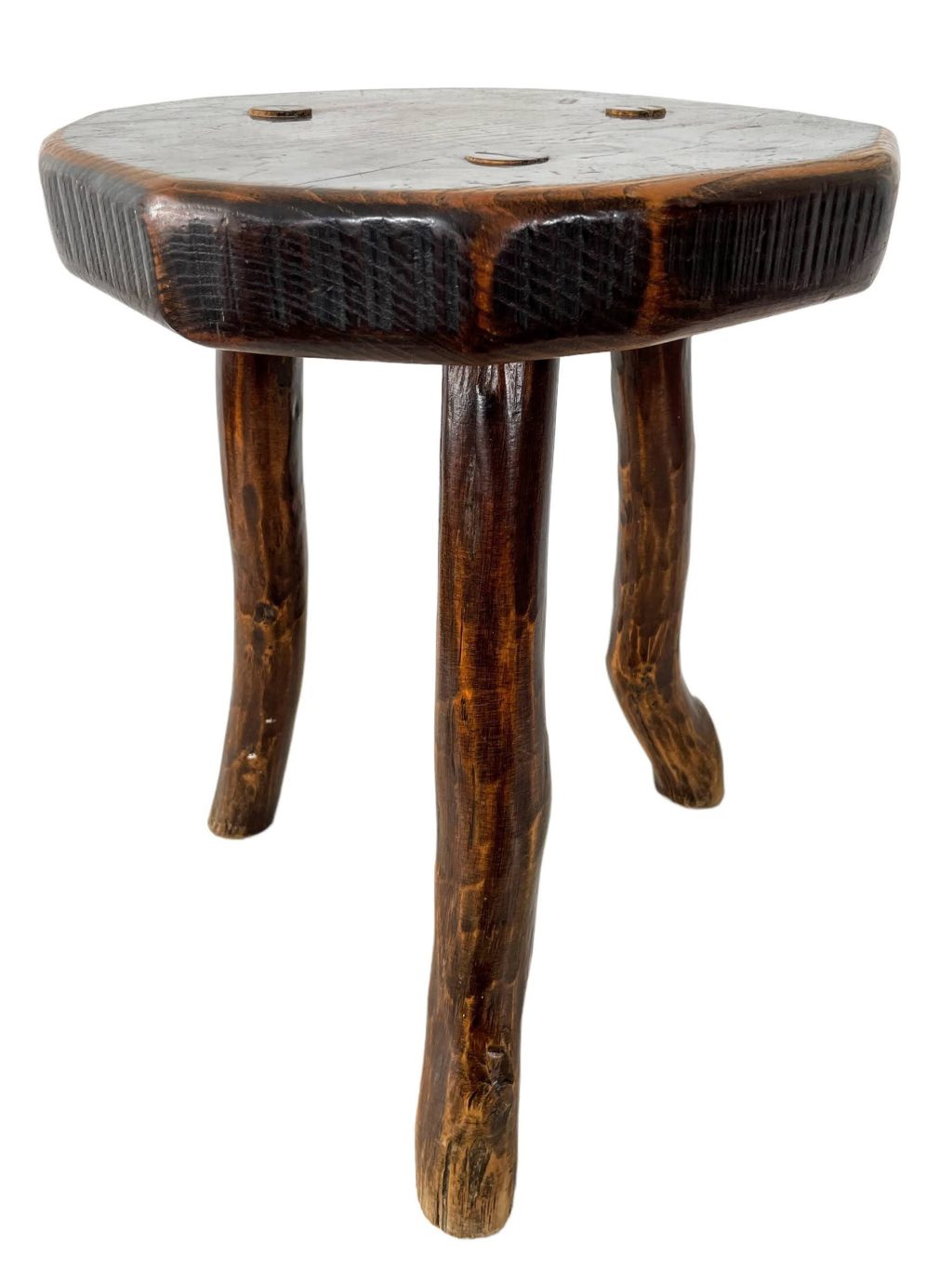 Chunky Stool With Branch Legs Vintage French Simple Tripod Tabouret Table Wooden Wood Chair Seat Side Stand Pot Display c1960-70's