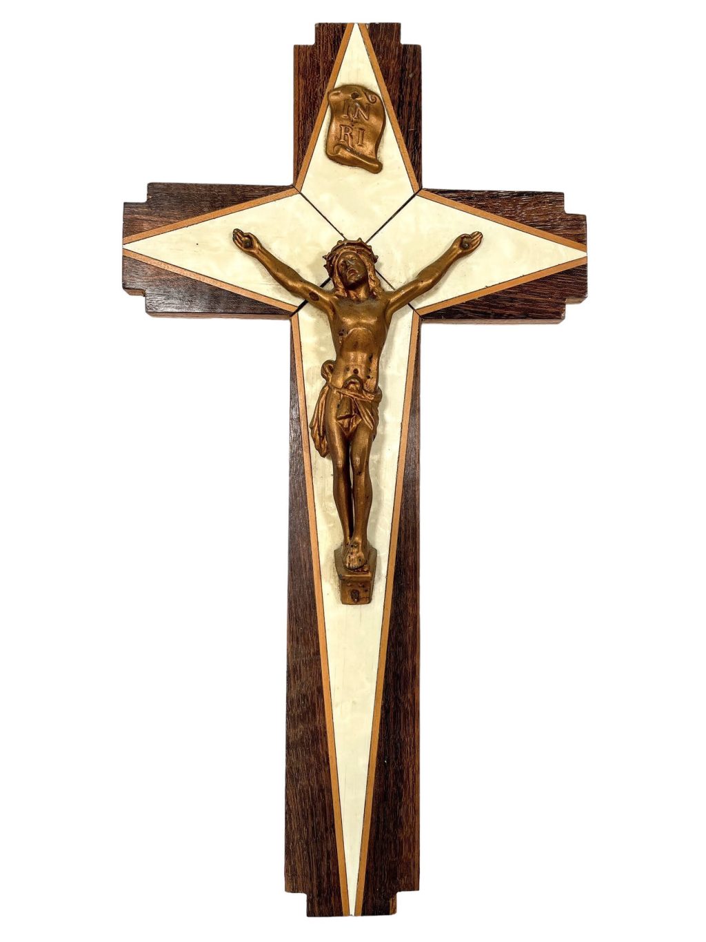 Vintage French Wood Metal Dusty Jesus Cross Crucifix Large Hanging Monk Monastry Nun Nunnery Roman Catholic c1960-70’s