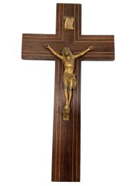 Vintage French Wood Metal Jesus Cross Crucifix In Golden Frame Hanging Monk Monastry Nun Nunnery Roman Catholic c1960-70’s