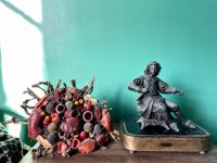 Antique French Globe De Marie Marriage Glass Dome Wooden Stand Display Plinth Ornament Decor Trivet Placemat Table Vase c1900's