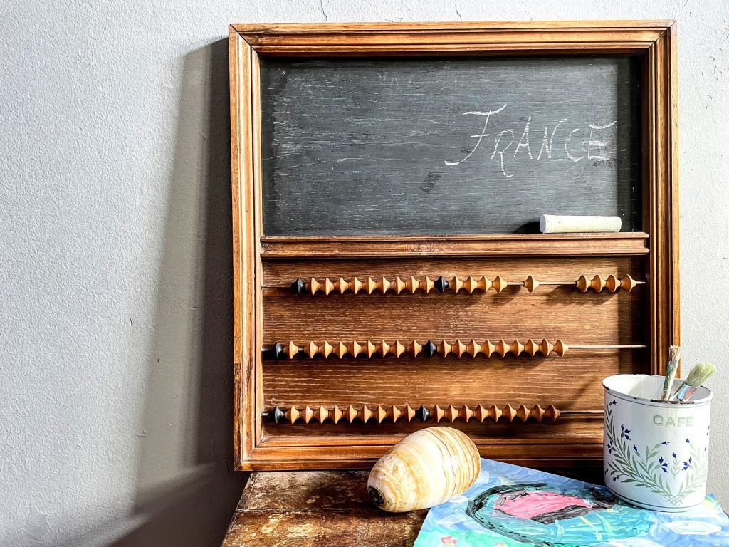 Vintage French Blackboard Abacus School Teaching Child Bedroom Decor Chalkboard Chalk Sign Display Counting Homework circa 1960-70’s