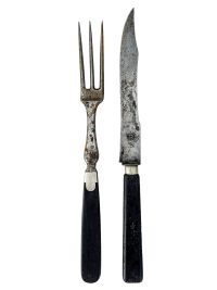 Antique French Large Carving Knife Fork Cutlery Flatware Silverware Ebony Handled Monogram circa 1900’s