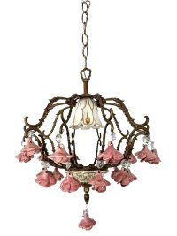 Vintage French Metal Ceramic Pink Gold Flower Bud Ceiling Hanging Electric Light Lantern Candle Lamp Ornament Decor Design c1960-70’s