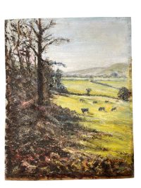 Vintage English Countryside Skyline Cows Looking Towards Sidmouth Oil Painting On Board Signed Grigson circa 1980’s / EVE 3