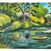 Vintage English Countryside Pond Lake Black Swan Oil Painting On Canvas Signed Laughlan circa 1990's / EVE