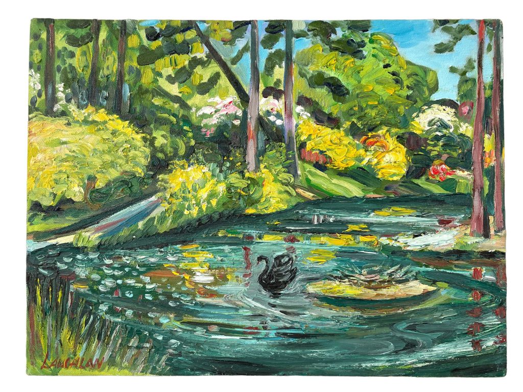 Vintage English Countryside Pond Lake Black Swan Oil Painting On Canvas Signed Laughlan circa 1990’s / EVE