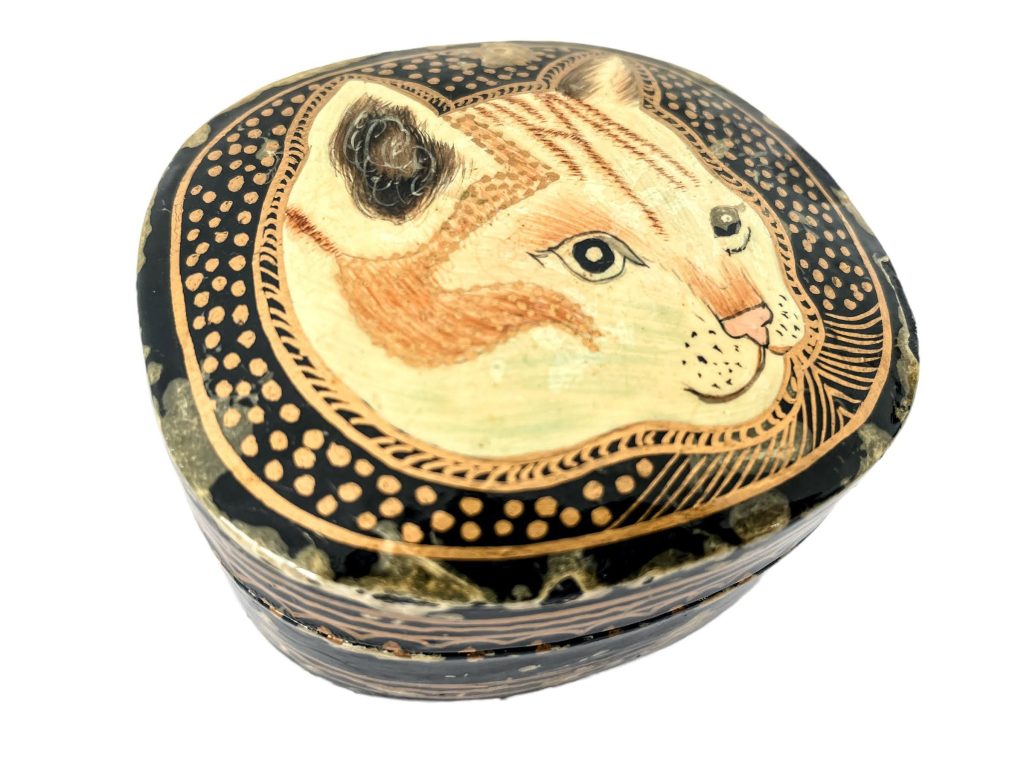 Vintage Asian Indian Cat Black Varnished Small Storage Box Jewellery Ring circa 1970-80’s