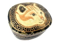 Vintage Asian Indian Cat Black Varnished Small Storage Box Jewellery Ring circa 1970-80's