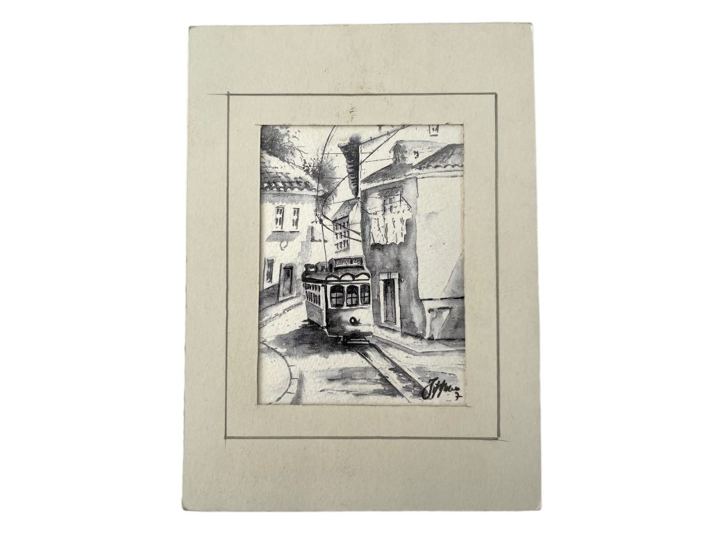 Vintage Portugese Small Bordered Watercolour Paintings Of Lisbon Tram Black And White Signed Wall Decor c2000’s