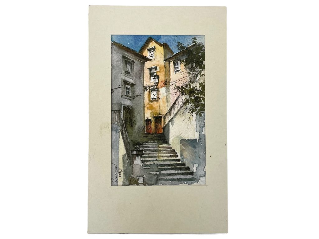 Vintage Portugese Small Bordered Watercolour Paintings Of Lisbon Street Staircase Colour Signed Wall Decor c2000’s