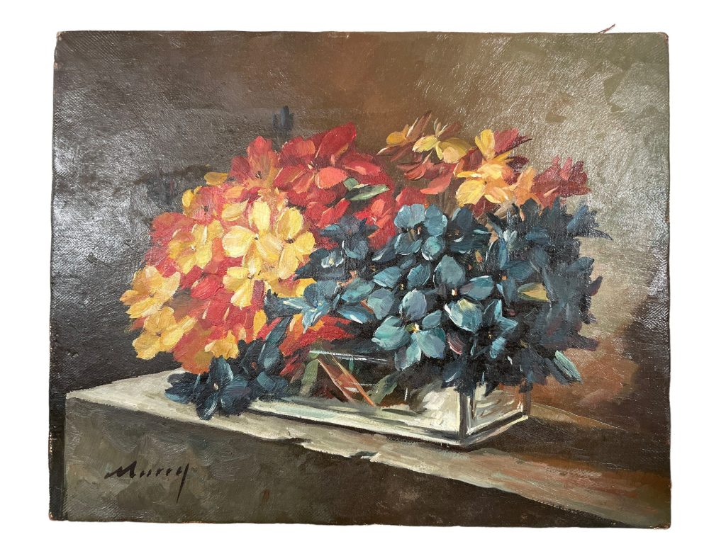 Vintage French Still Life Flowers Bouquet In Vase Study Oil Painting On Canvas Signed Murry circa 1950-60’s / EVE