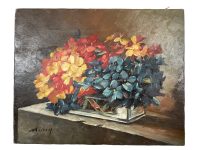 Vintage French Still Life Flowers Bouquet In Vase Study Oil Painting On Canvas Signed Murry circa 1950-60's / EVE