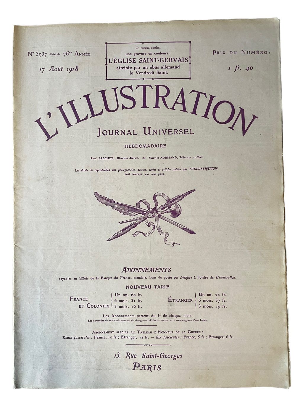 Antique French L'Illustration Le Magazine Journal Universel Hebdomaderie Number 3937 Memorabilia Collector 17 Auot August 1918 / EVE