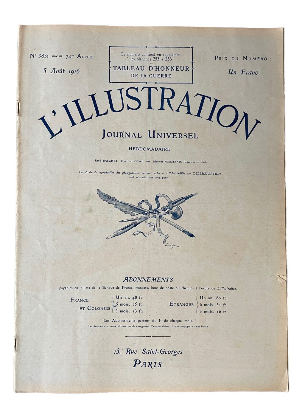 Antique French L’Illustration Le Magazine Journal Universel Hebdomaderie Number 3831 Memorabilia Collector 5 Auot August 1916 / EVE