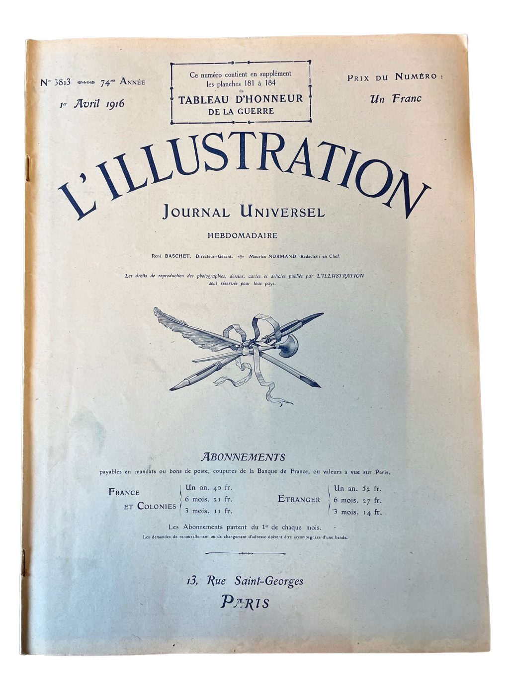 Antique French L’Illustration Le Magazine Journal Universel Hebdomaderie Number 3813 Memorabilia Collector 1st Avril April 1916 / EVE